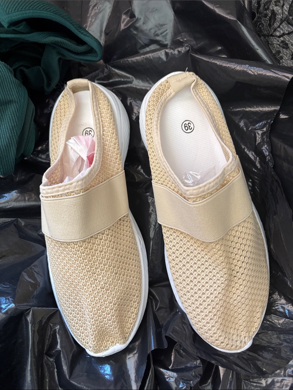 Beige Slip-On Knit Sneakers with White Soles BRAND NEW 39